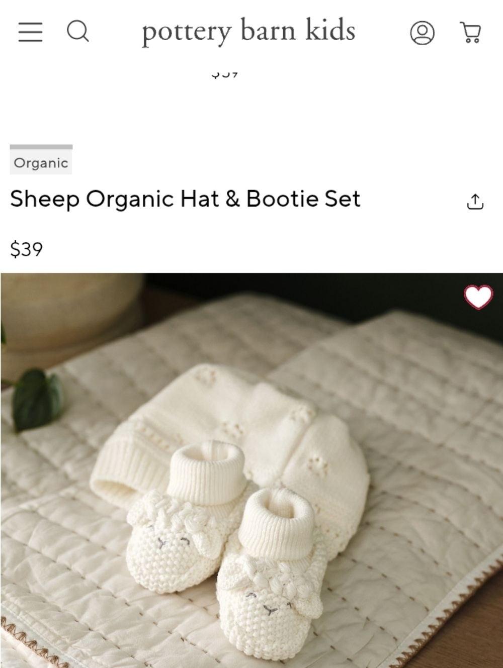 NWT: POTTERY BARN KIDS; SHEEP ORGANIC HAT & BOOTIE SET, IVORY/CREAM, 3-6mo.